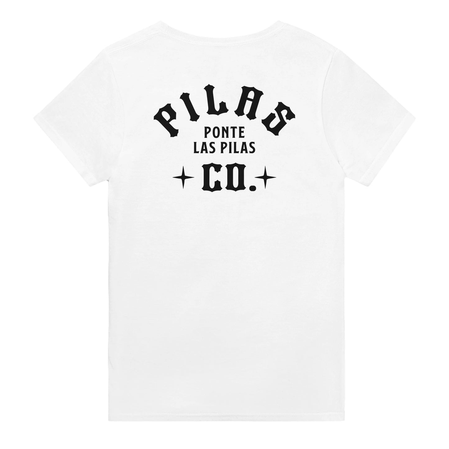 White PLP Text t-shirt back view clean design Latino workwear