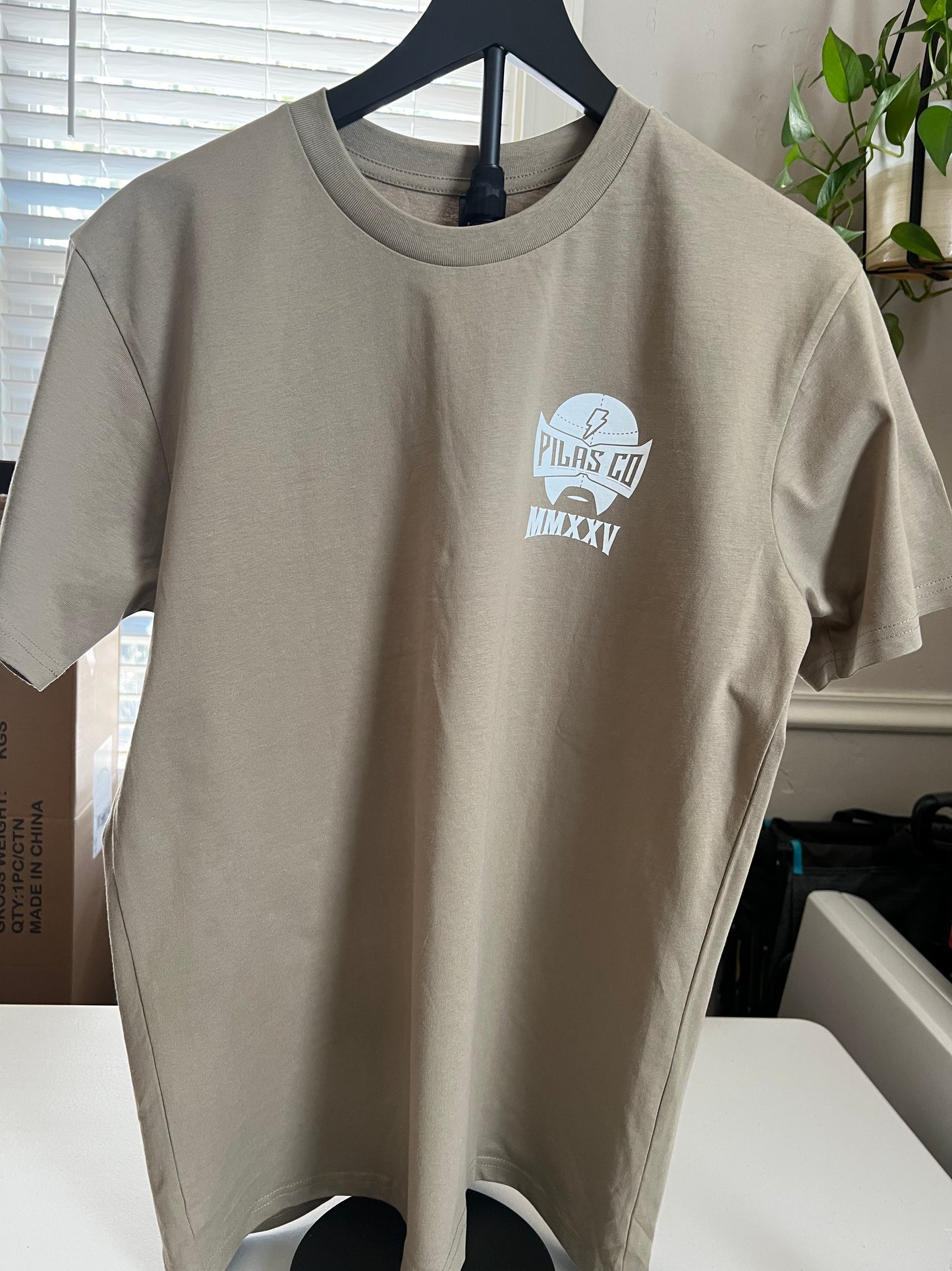 Pilas Co military edition desert sand t-shirt front - Latino workwear with luchador logo for veterans