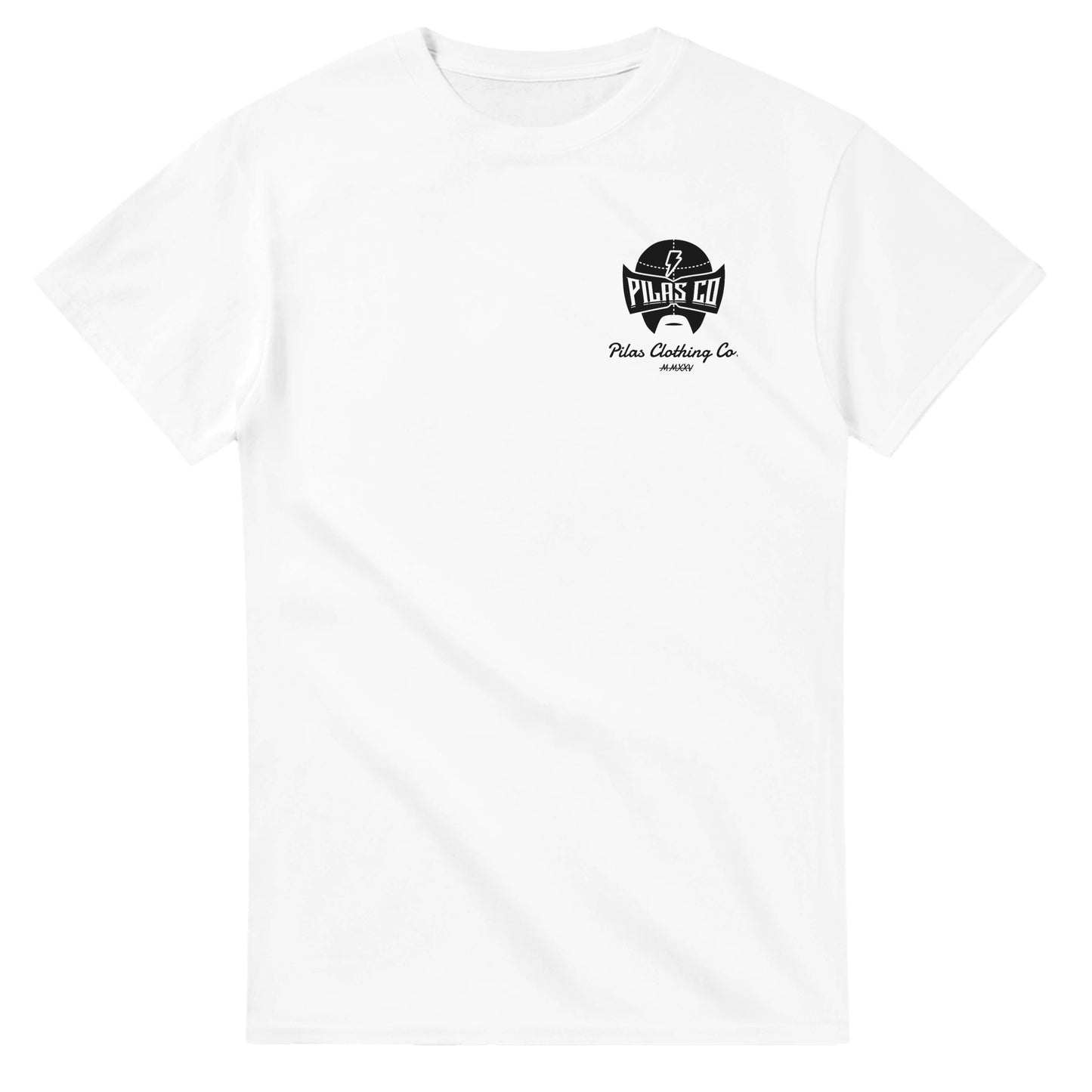 White PLP Drip t-shirt front view Pilas Co logo black luchador mask Latino workwear"