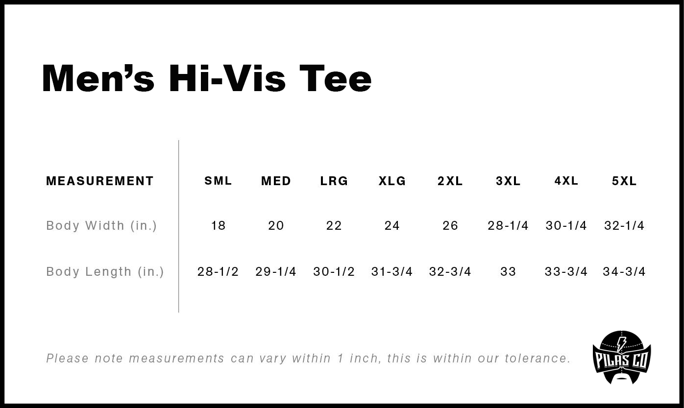 Pilas Clothing Co. men's hi-vis safety shirt sizing chart showing measurements from Small to 5XL with body width and length dimensions in inches, featuring Pilas Co. luchador mask logo for construction and trade workers