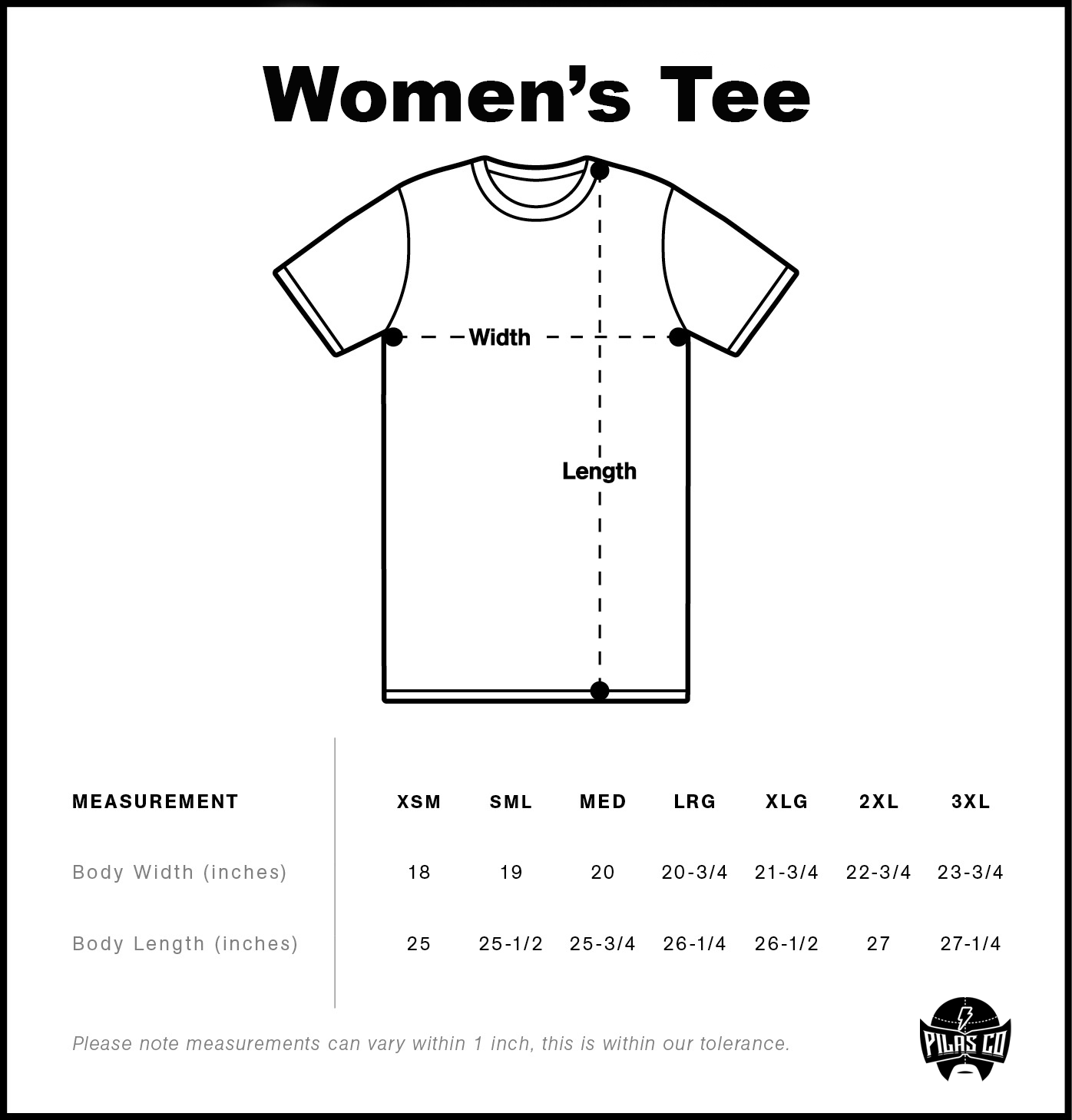 Pilas Clothing Co. women's t-shirt sizing chart showing measurements from XS to 3XL with body width and length dimensions in inches, featuring Pilas Co. luchador mask logo and measurement diagram for female fit apparel