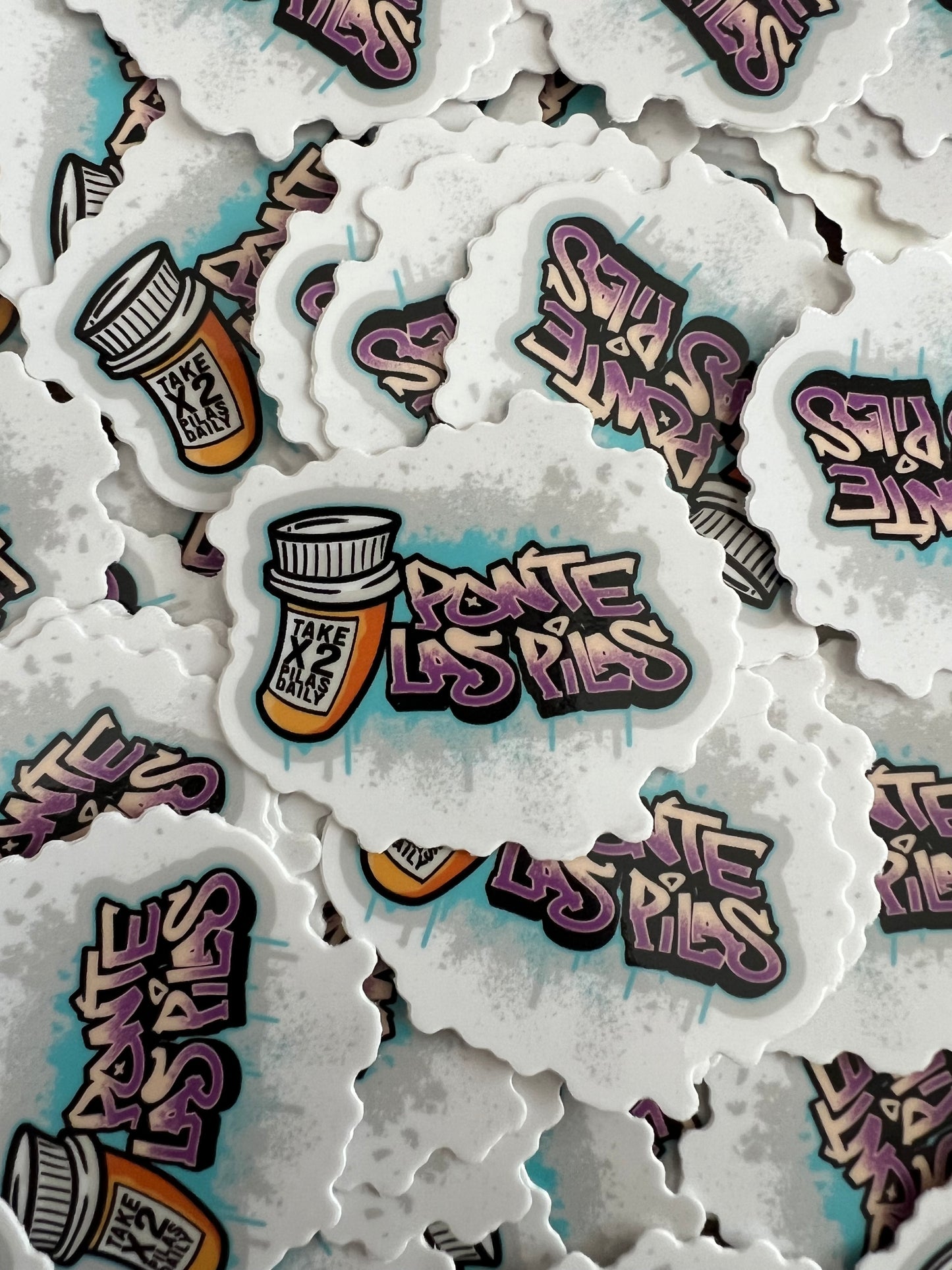 Pilas Clothing Co stickers featuring Ponte Las Pilas design with prescription bottle graphics - Latino pride merchandise