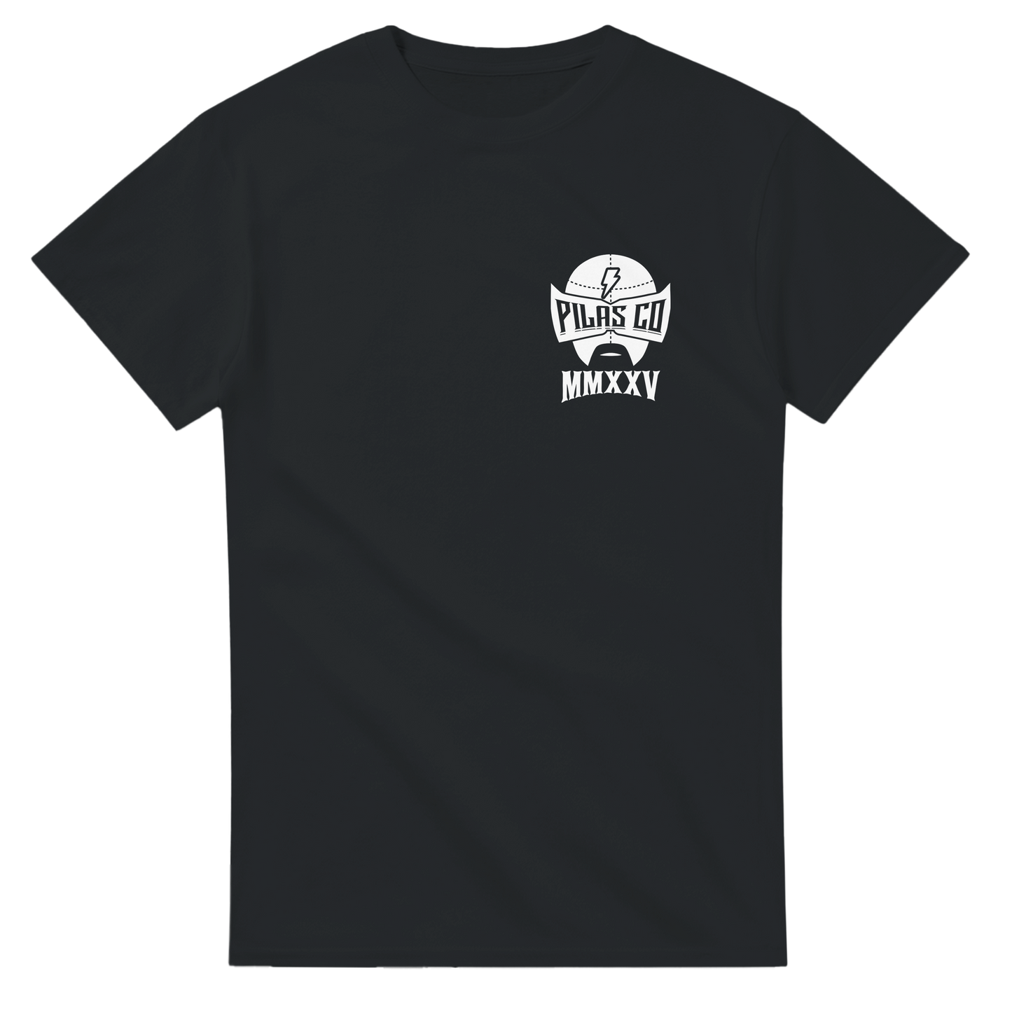 Black PLP Drip t-shirt front view Pilas Co logo white luchador mask Latino workwear