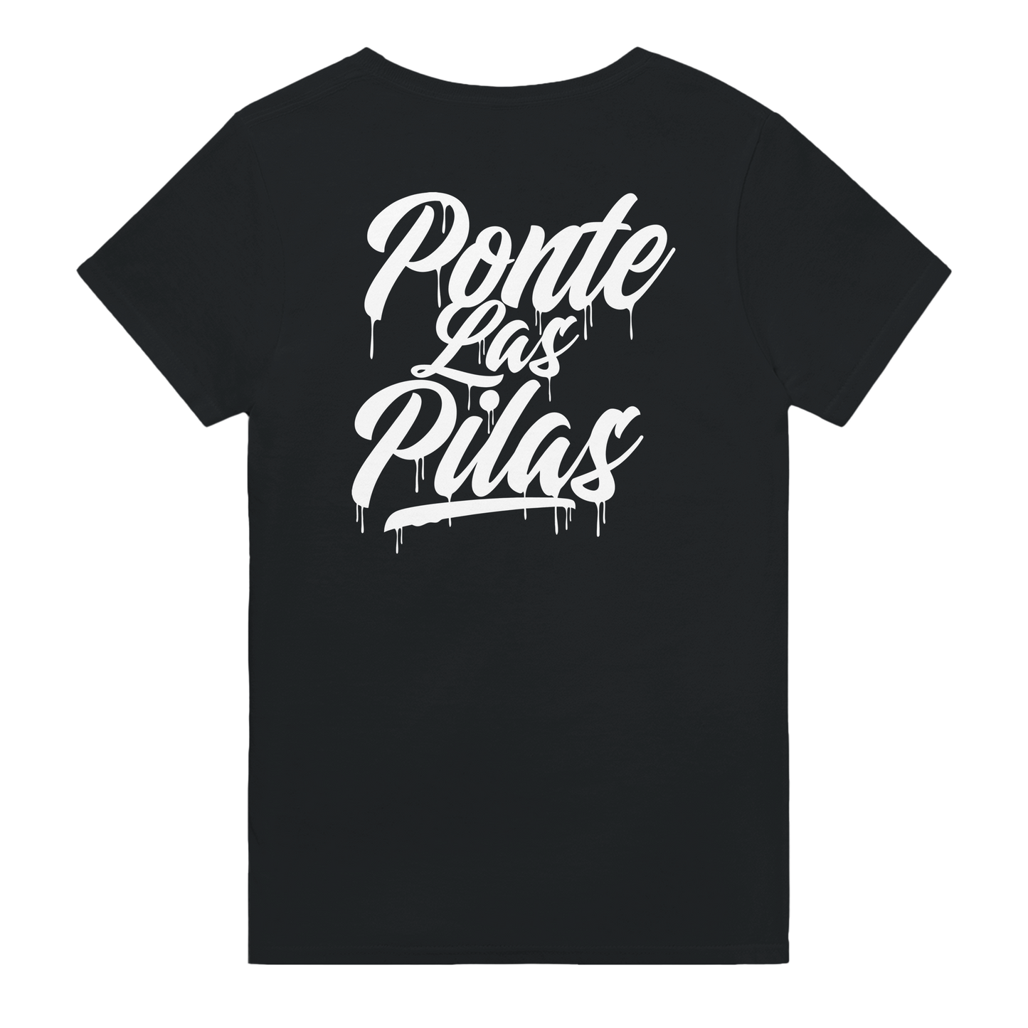 Black PLP Drip t-shirt back view Latino workwear white graffiti font design