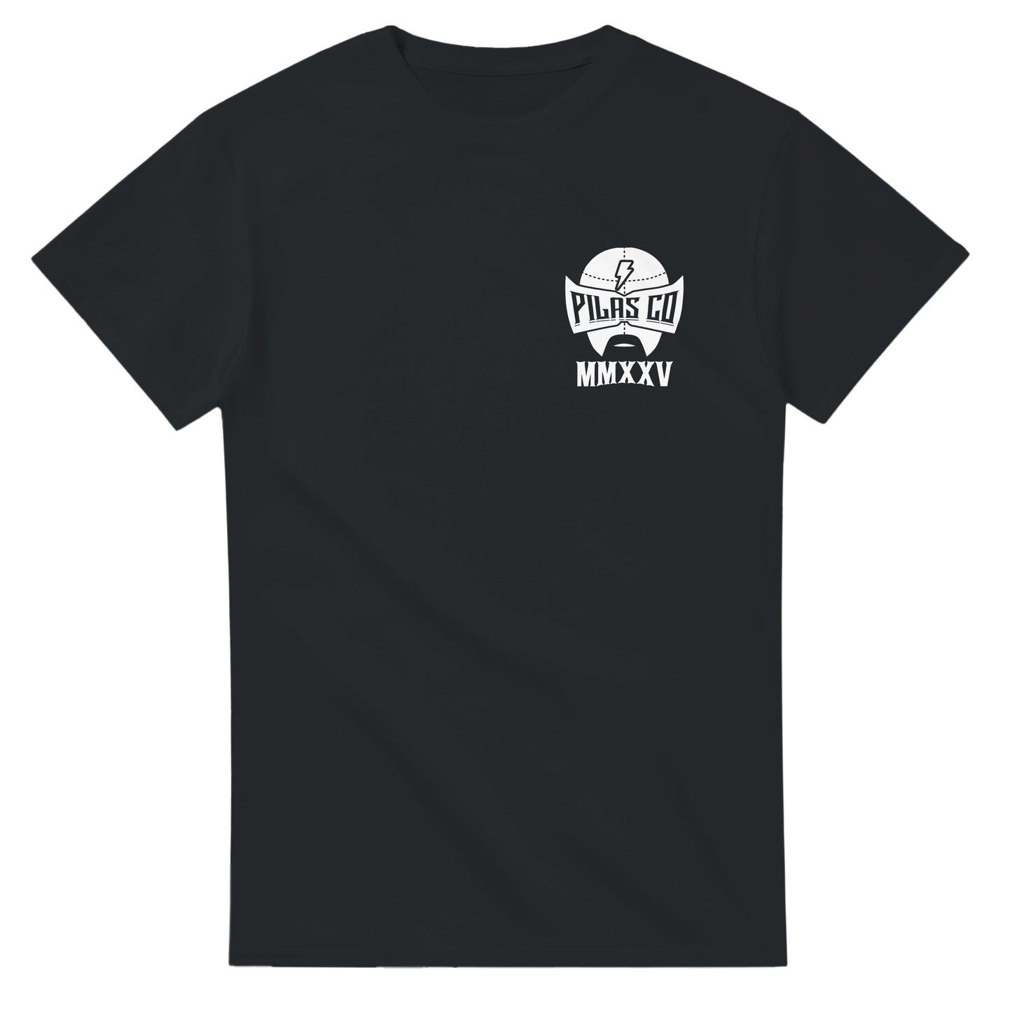 White PLP Muevete t-shirt front view Pilas Co logo white luchador mask Latino workwear
