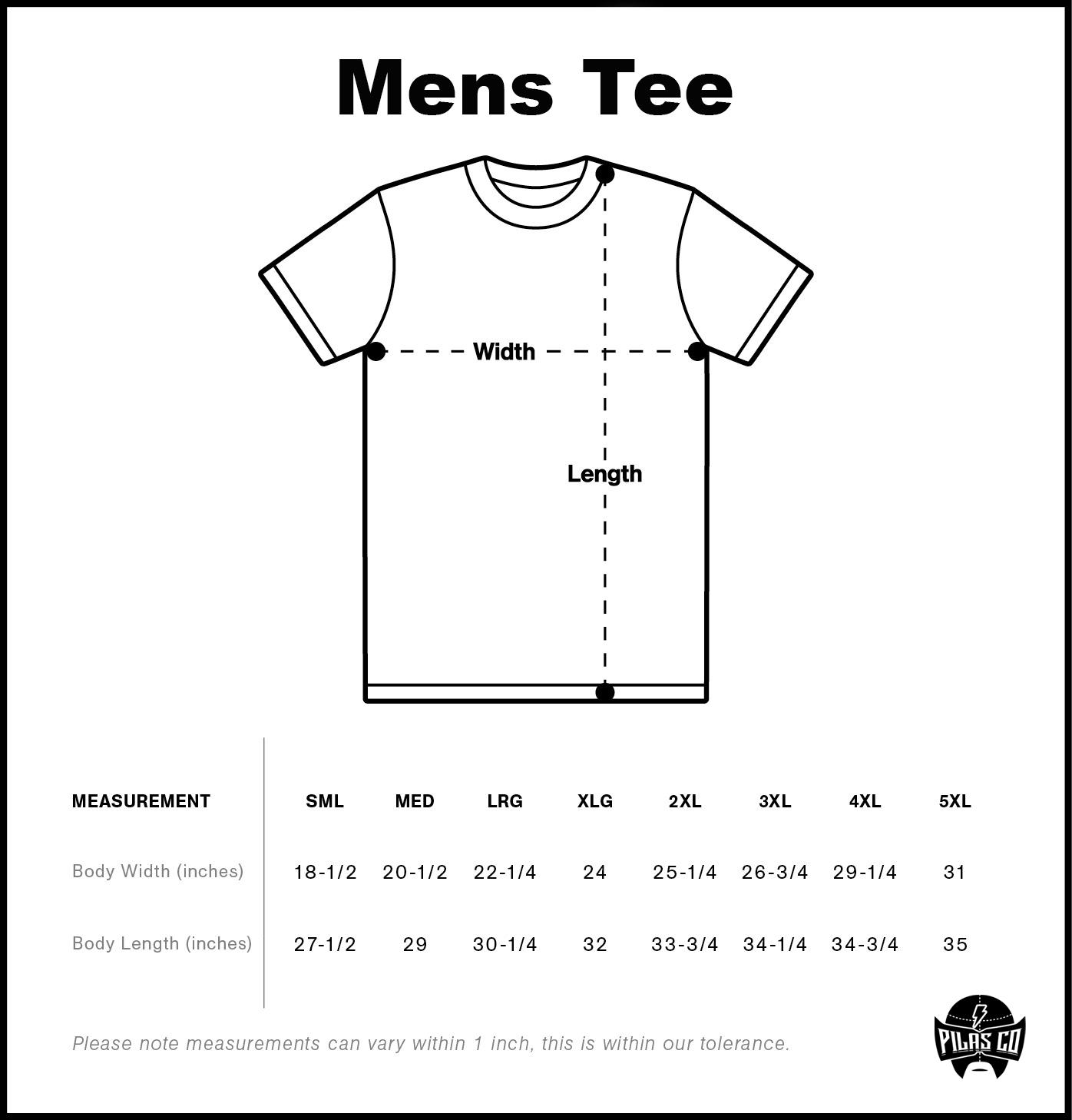 Pilas Clothing Co. men's classic t-shirt sizing chart showing measurements from Small to 5XL with body width and length dimensions in inches, featuring Pilas Co. luchador mask logo and measurement diagram for male fit apparel