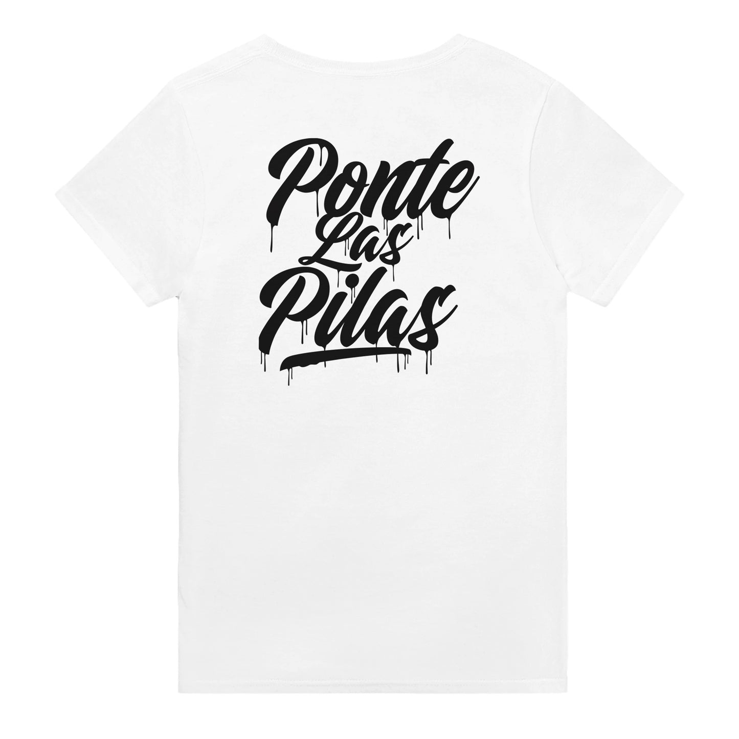 White PLP Drip t-shirt back view Latino workwear black graffiti font design