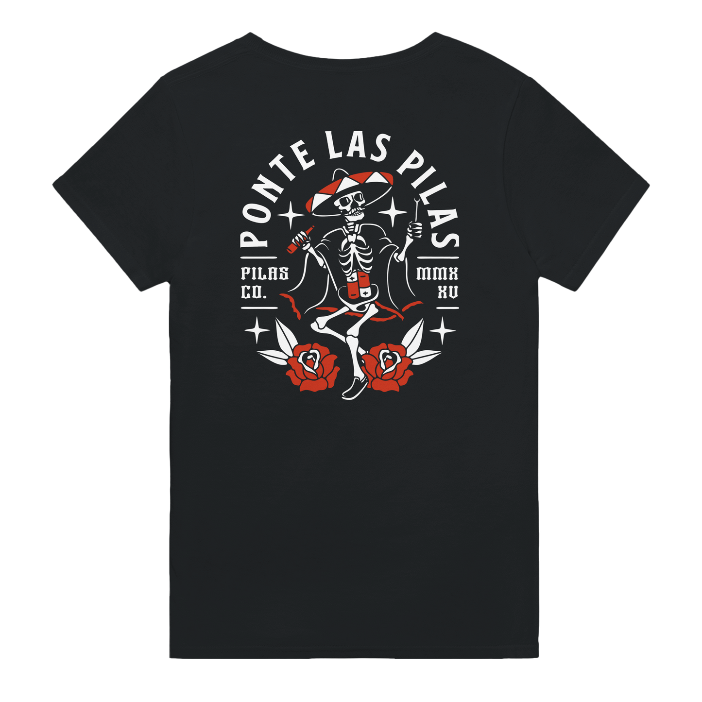 Black PLP Muevete t-shirt back view dancing skeleton design Latino culture