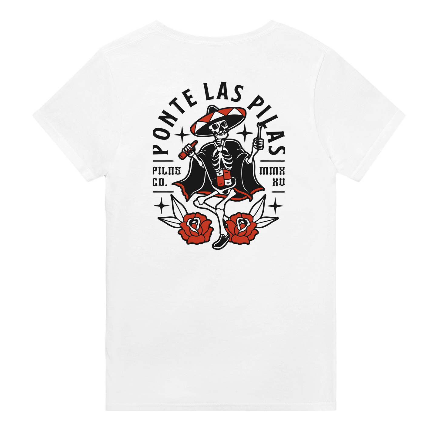 White PLP Muevete t-shirt back view dancing skeleton design Latino culture