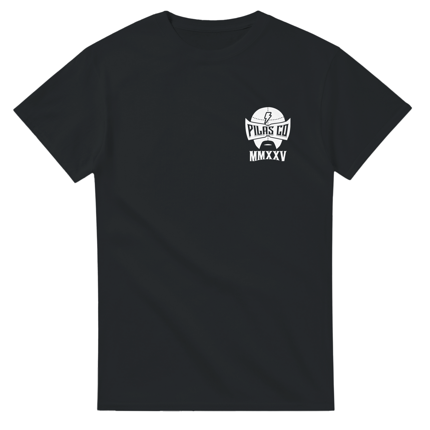Black PLP Muevete t-shirt front view Pilas Co logo white luchador mask Latino workwear