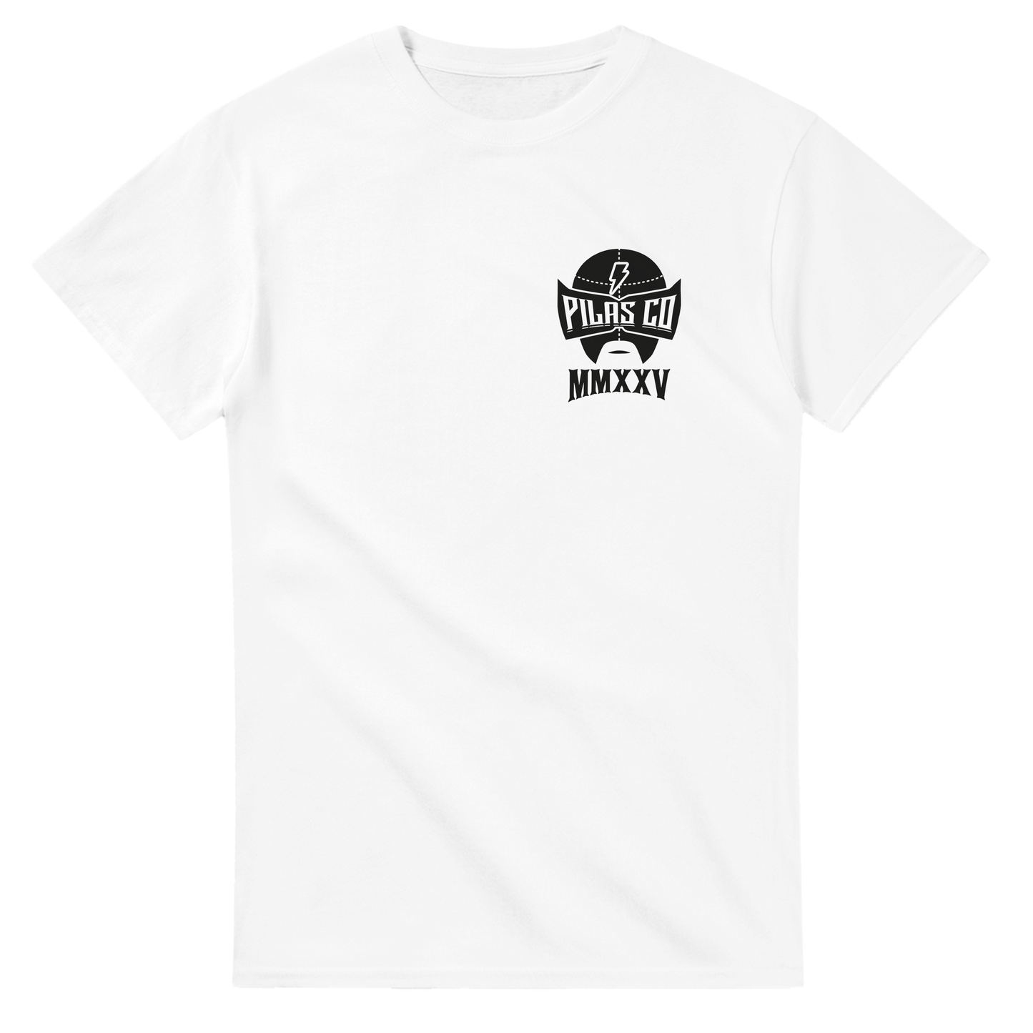 White PLP Muevete t-shirt front view Pilas Co logo black luchador mask Latino workwear