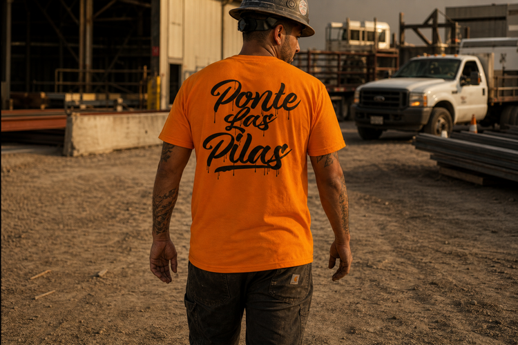 A man wearing a bright orange t-shirt with 'Ponte las Pilas' printed in black script across the back, standing in an industrial outdoor setting.