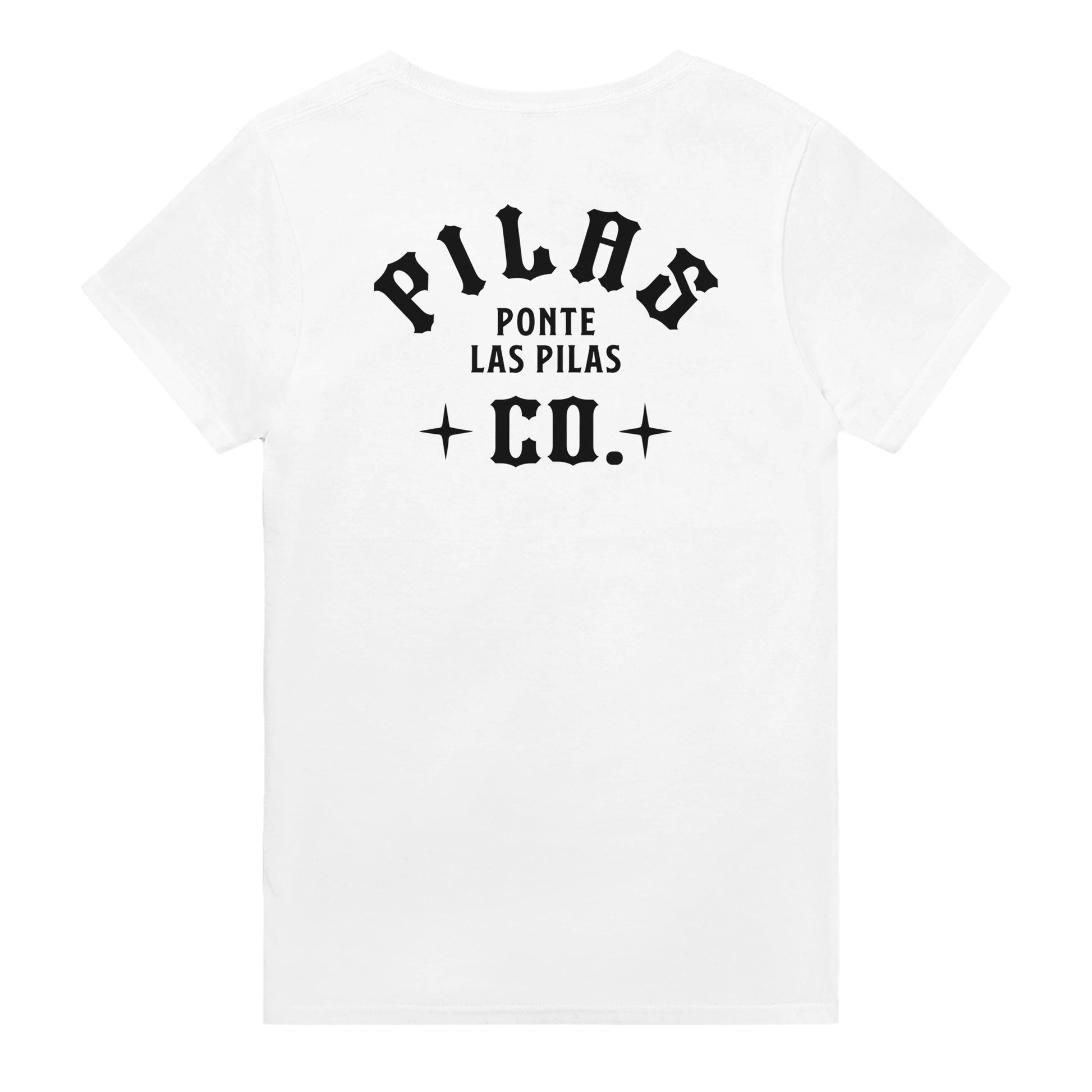 White PLP Text t-shirt back view clean design Latino workwear
