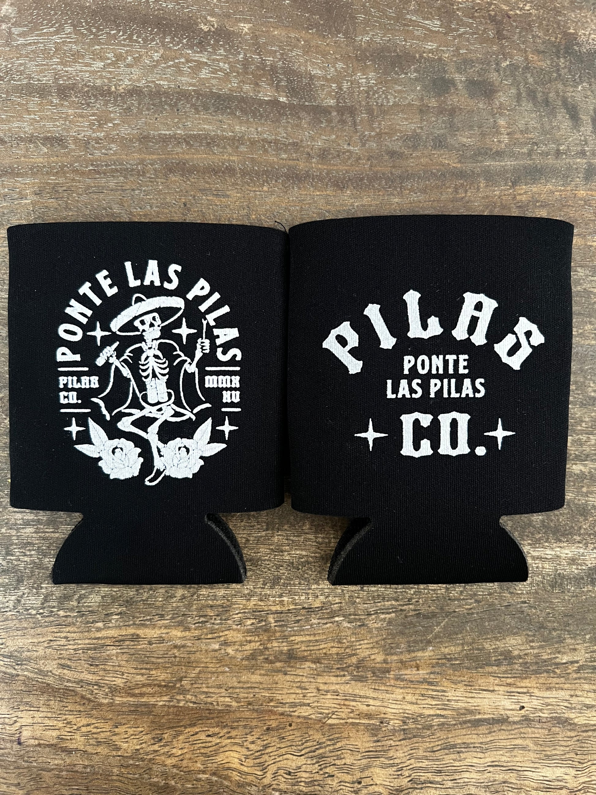 Pilas Co Muevete beer koozie front and back - dancing skeleton and Ponte Las Pilas Latino drink cooler