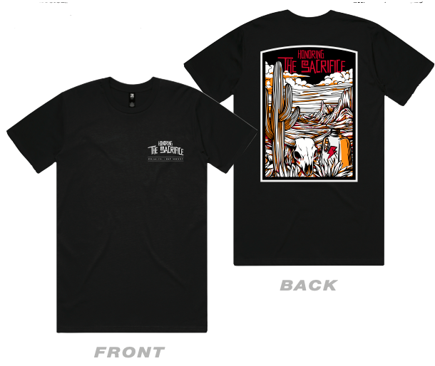 Honoring the Sacrifice Mexican shirt for men - Front and back view showing desert landscape design with cactus and cow skull on black heavyweight cotton tee
