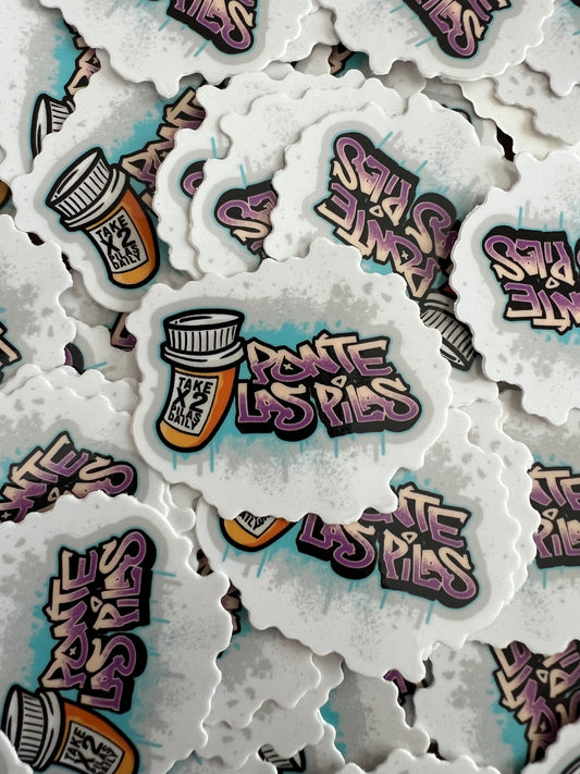 Pilas Clothing Co stickers featuring Ponte Las Pilas design with prescription bottle graphics - Latino pride merchandise