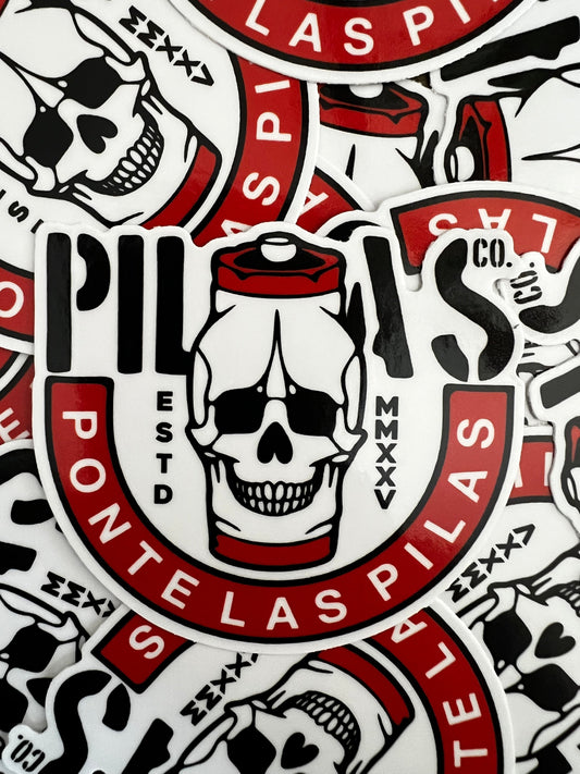 Pilas Co Ponte Las Pilas skull sticker - Latino workwear brand decal
