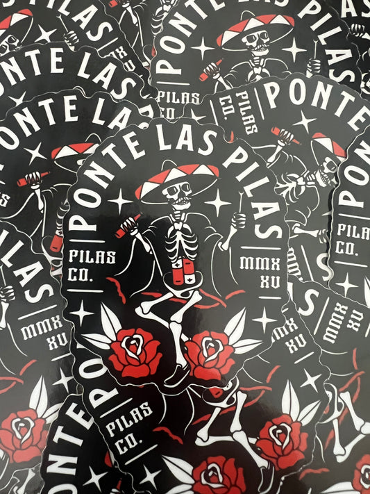 Muevete sticker pack - Multiple Ponte Las Pilas dancing skeleton decals with Day of the Dead design - Pilas Clothing Co 3 inch vinyl stickers