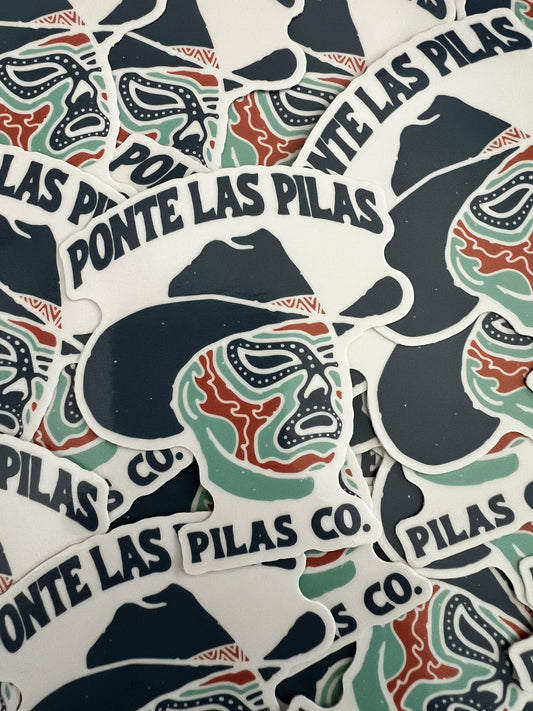 Lucha Cowboy stickers by Pilas Co - Mexican luchador cowboy hat decals for hard hats toolboxes water bottles