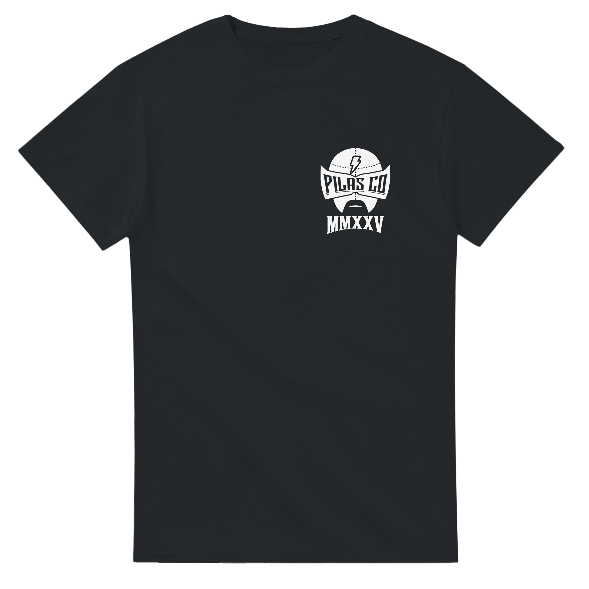 Black PLP Drip t-shirt front view Pilas Co logo white luchador mask Latino workwear