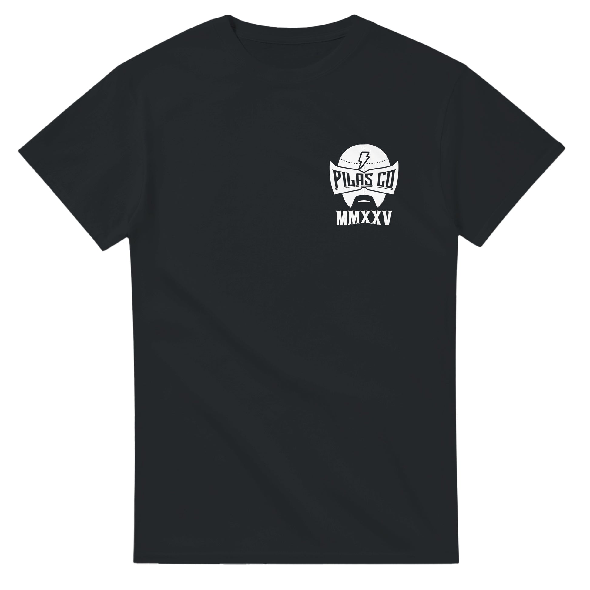 White PLP Muevete t-shirt front view Pilas Co logo white luchador mask Latino workwear