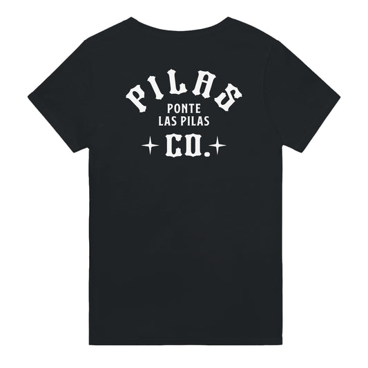 Black PLP Text t-shirt back view clean design Latino workwear