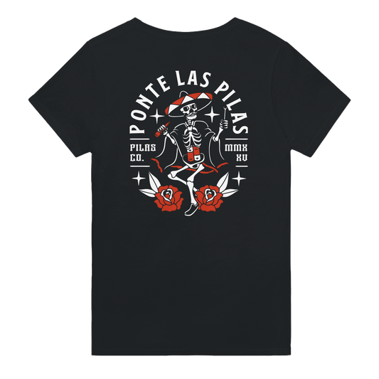 Black PLP Muevete t-shirt back view dancing skeleton design Latino culture