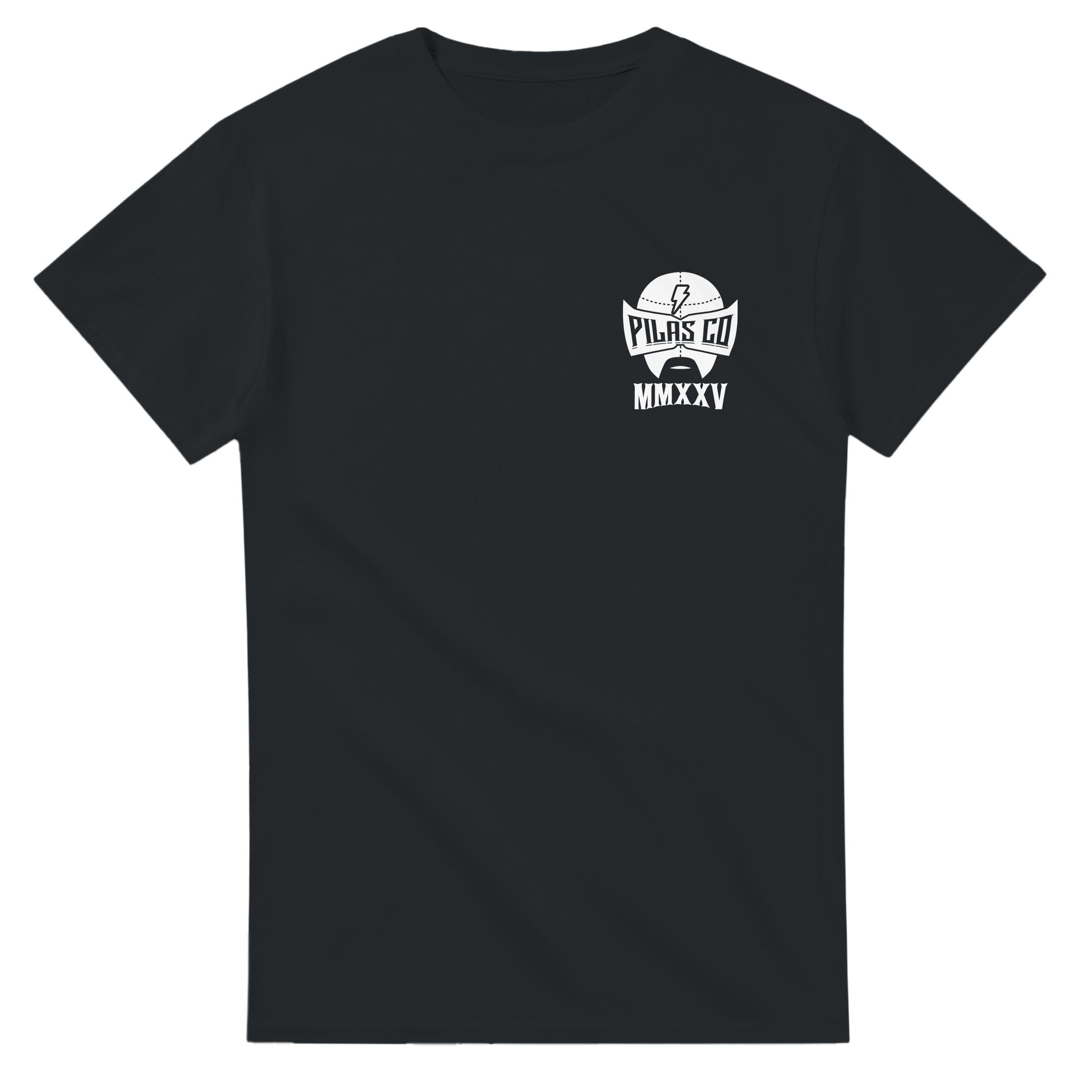 Black PLP Muevete t-shirt front view Pilas Co logo white luchador mask Latino workwear